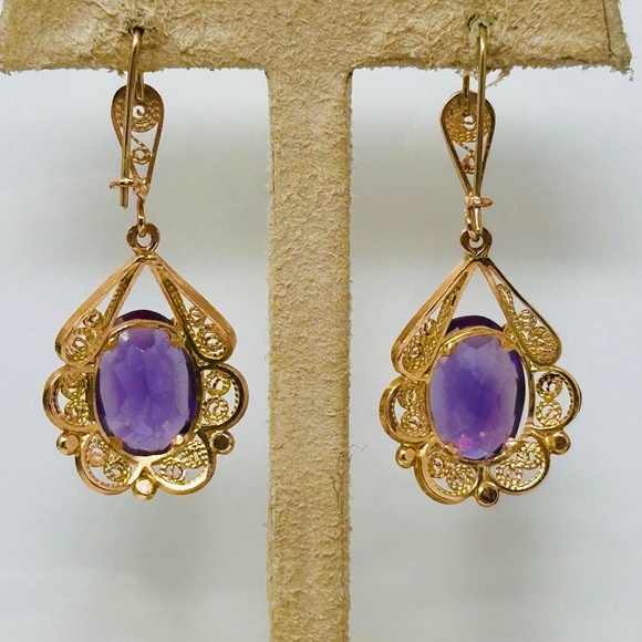 pair of marked 14k rose gold dangle earrings amethyst royal colors - Picture 2 of 5